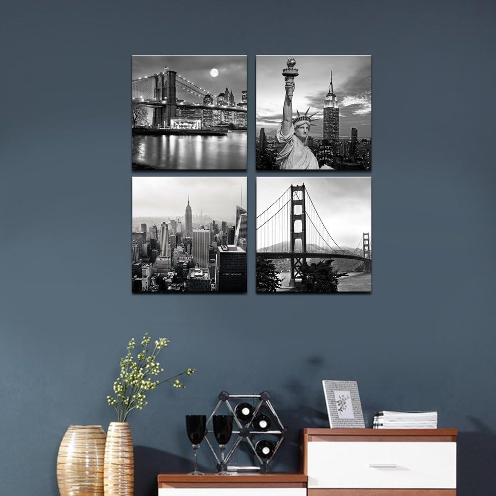 LevvArts Black and White City Wall Art Modern Brooklyn Bridge Picture Prints US Cityscape Canvas