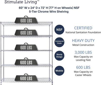 60"x24"x72" PRIME HEAVY DUTY Chrome 5-Tier Wire Shelving NSF 3000 LBS MAX Capacity Storage Rack for