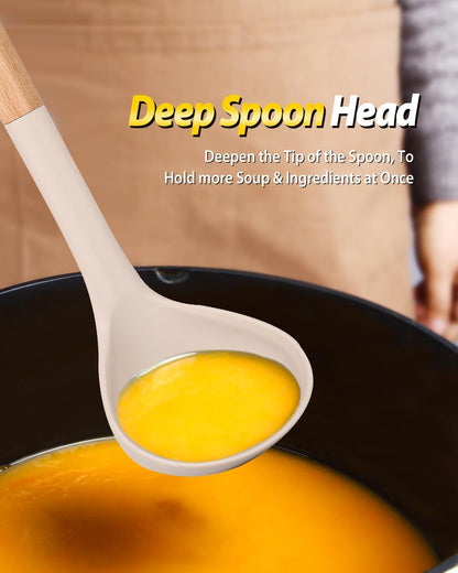 Silicone Pasta Fork and Ladle Spoon Set with Wooden Handle, Heat Resistant Non Stick Kitchen