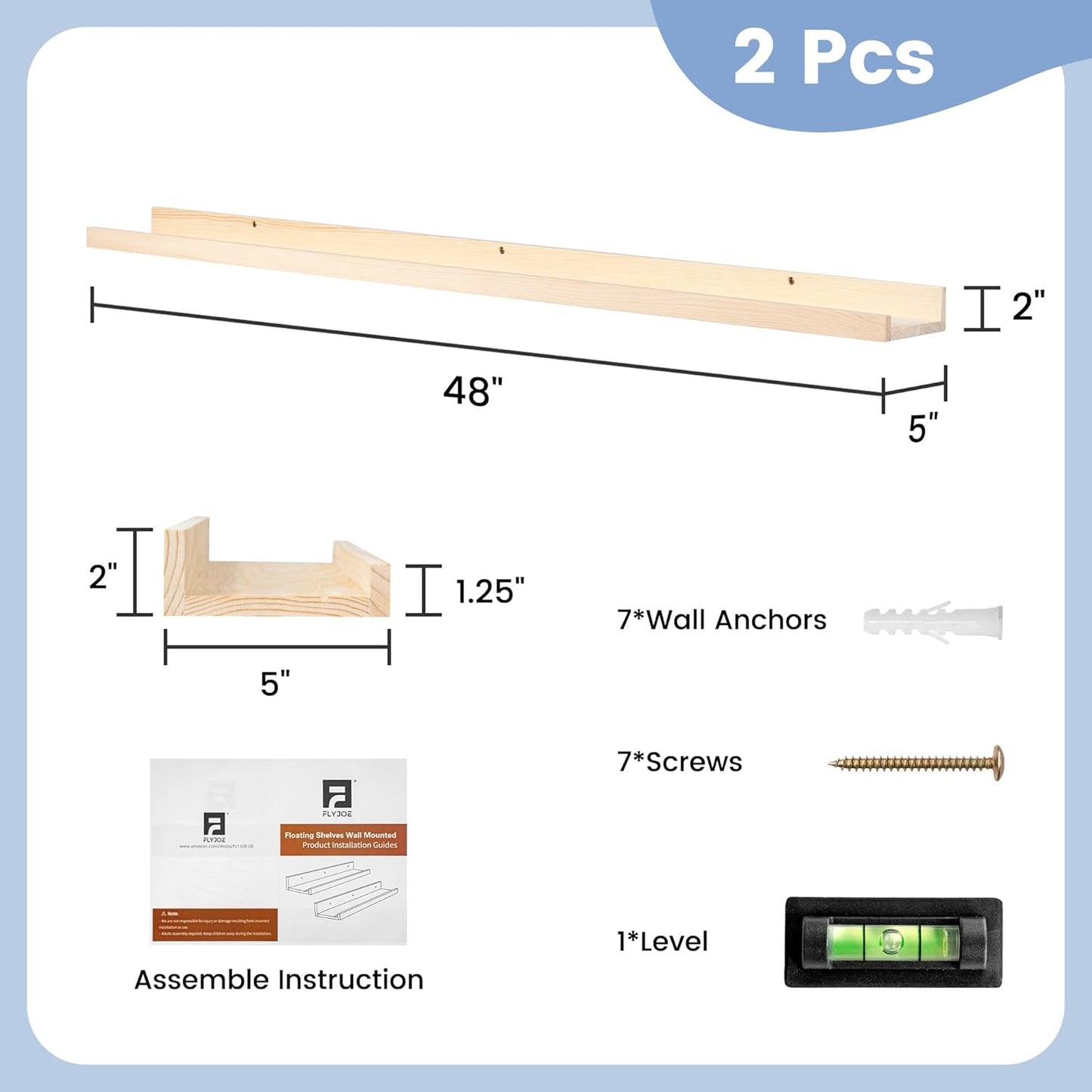 Picture Ledge Shelf for Wall, 48 inch Solid Pine Wood Nursery Book Shelves 2 Packs, Floating Ledge