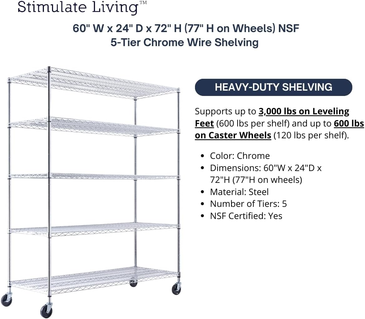 60"x24"x72" PRIME HEAVY DUTY Chrome 5-Tier Wire Shelving NSF 3000 LBS MAX Capacity Storage Rack for