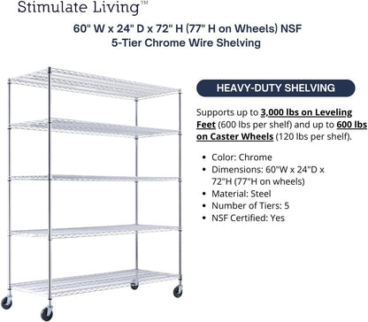 60"x24"x72" PRIME HEAVY DUTY Chrome 5-Tier Wire Shelving NSF 3000 LBS MAX Capacity Storage Rack for