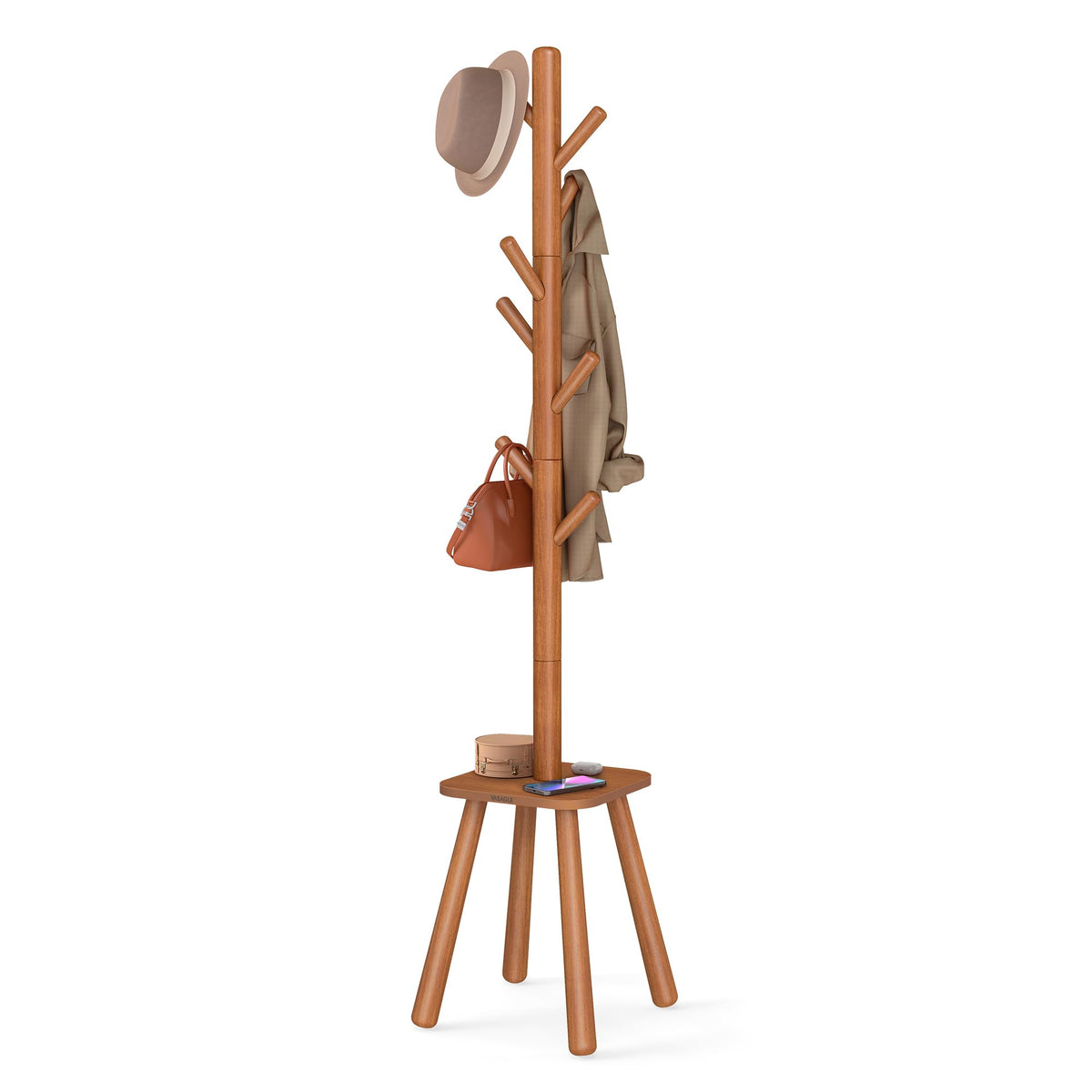 VASAGLE Coat Rack, Free Standing Coat Stand, Hall Coat Tree with 8 Hooks and Storage Shelf, 69.2