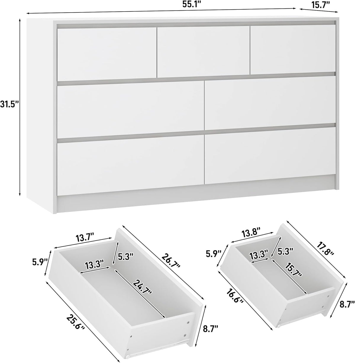 White Malm Dresser for Bedroom, 55 Inch Full High Gloss Dresser with 7 Drawers, Modern Large Wood
