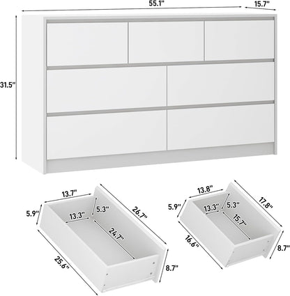 White Malm Dresser for Bedroom, 55 Inch Full High Gloss Dresser with 7 Drawers, Modern Large Wood