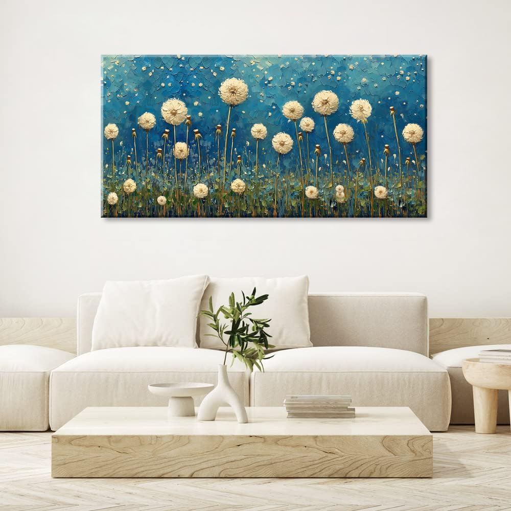 LASMOND Teal Dandelion Wall Art for Living Room Abstract Blowball Canvas Painting Prints Large