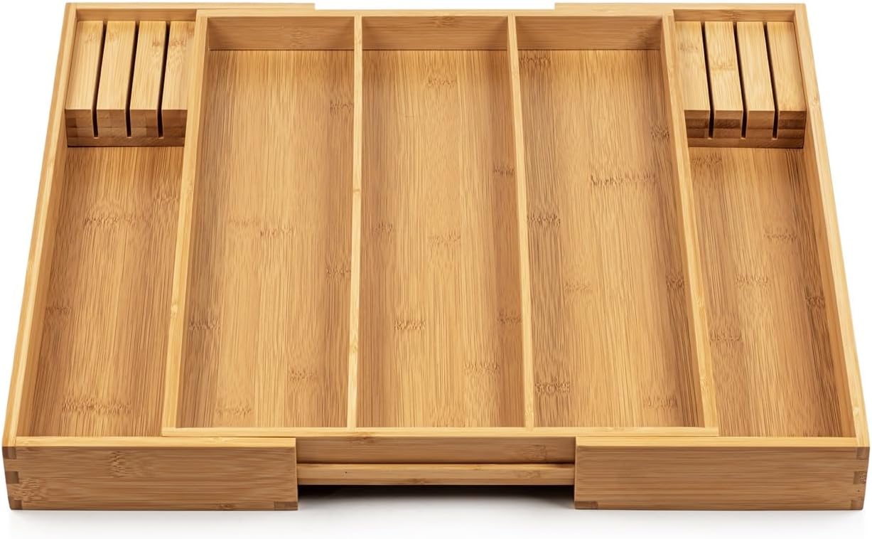 Purawood Kitchen Drawer Organizer with Knife Blocks - Utensil Drawer Organizer for Kitchen, Cutlery