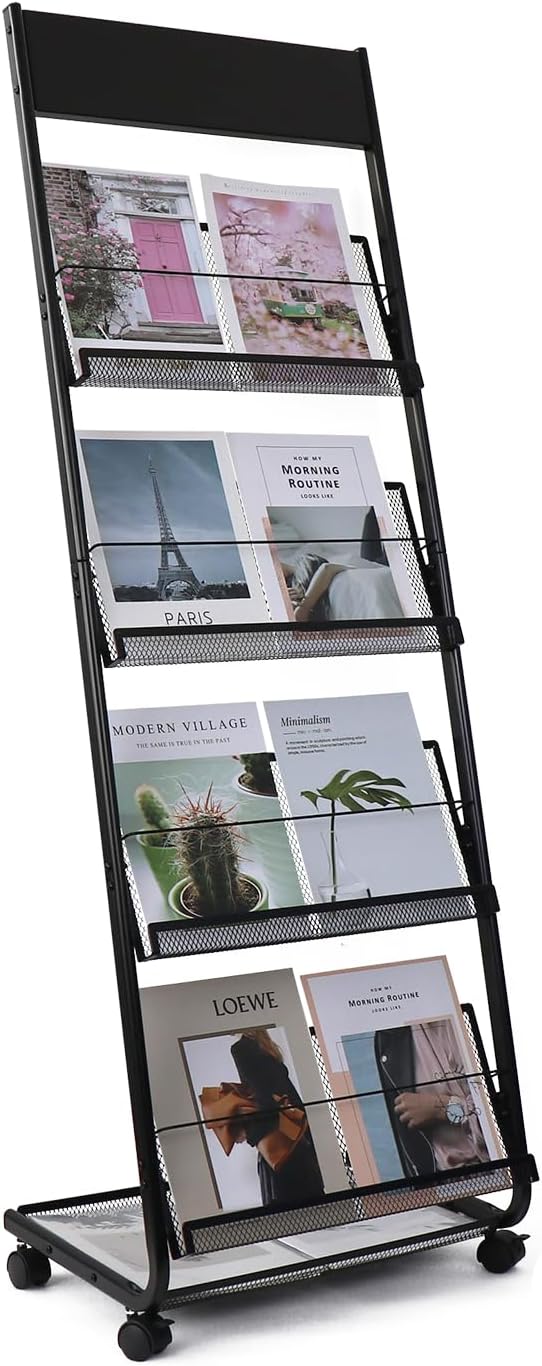 Floor-Standing Magazine Rack 4-Layer with Wheels, Brochure Display Stand for Exhibitions, Office