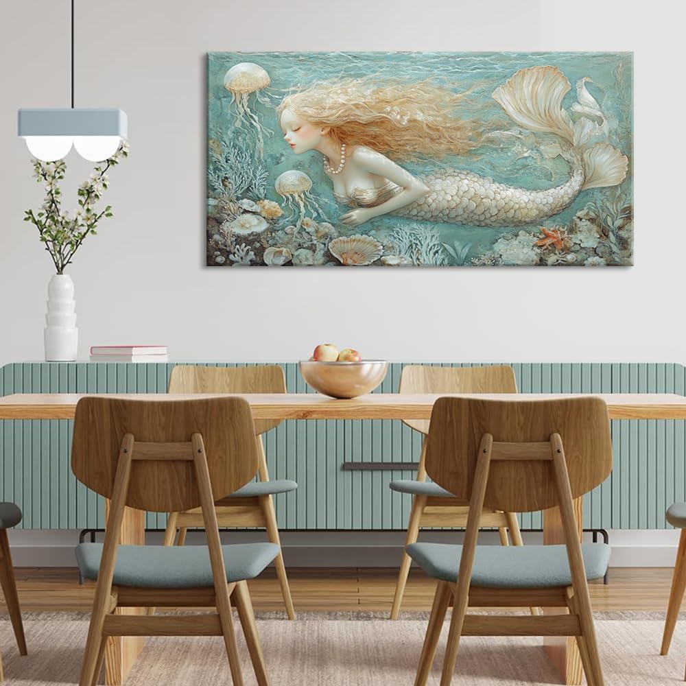 LASMOND Ocean Mermaid Wall Art for Girls Room Modern Canvas Prints Marine Organism Underwater World