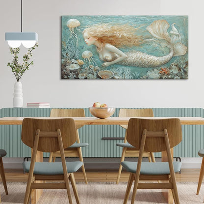 LASMOND Ocean Mermaid Wall Art for Girls Room Modern Canvas Prints Marine Organism Underwater World