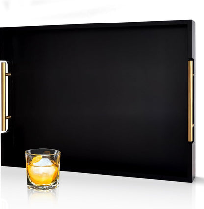 22 Inch Rectangle Black Ottoman Tray with Gold Metal Handles, Extra Large Wooden Serving Tray for