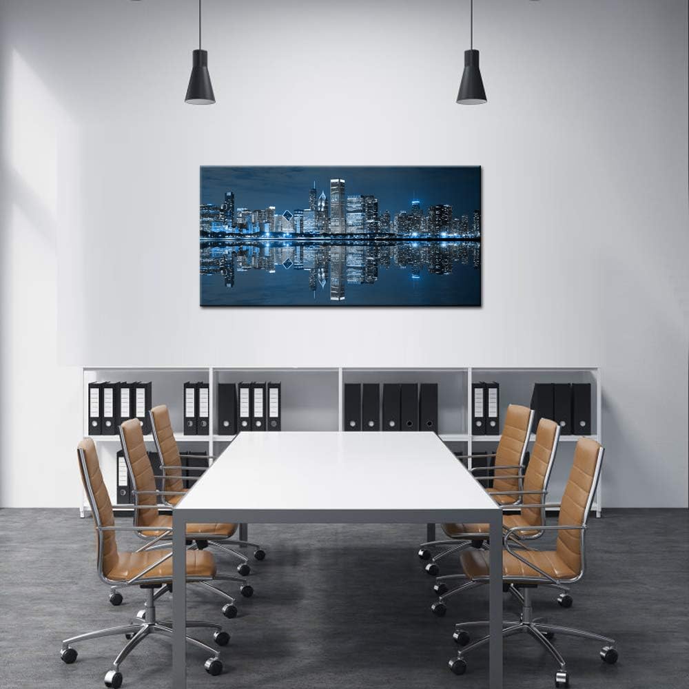 LevvArts Modern City Wall Art Chicago Downtown at Night Picture Print on Canvas Building Artwork