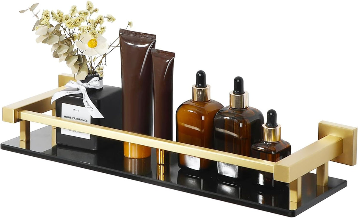 Alise Bathroom Glass Shelf with Stainless Steel Railing, Gold Small Tempered Glass Floating Wall
