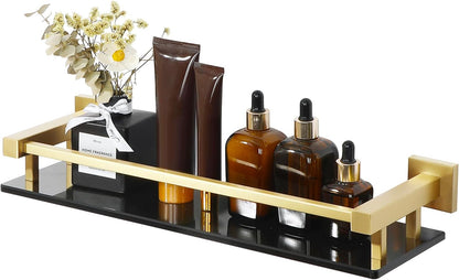 Alise Bathroom Glass Shelf with Stainless Steel Railing, Gold Small Tempered Glass Floating Wall