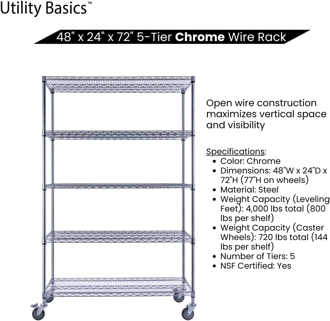 48"x24"x72" Chrome 5-Tier PREMIUM Wire Shelving NSF 4000 LBS MAX CAPACITY Heavy Duty Steel Storage