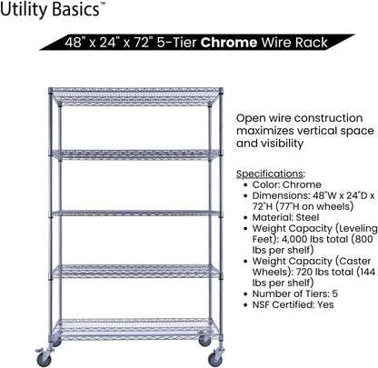 48"x24"x72" Chrome 5-Tier PREMIUM Wire Shelving NSF 4000 LBS MAX CAPACITY Heavy Duty Steel Storage