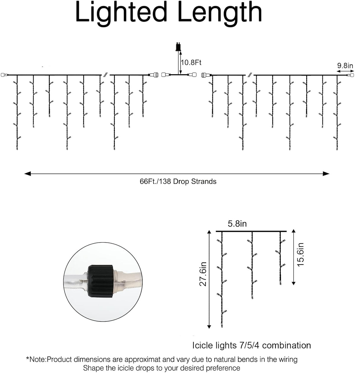 Brightown Christmas Icicle Lights Outdoor, 66 Feet 138 Drops with 736 LED, 8 Modes Waterproof