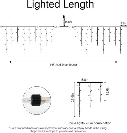 Brightown Christmas Icicle Lights Outdoor, 66 Feet 138 Drops with 736 LED, 8 Modes Waterproof