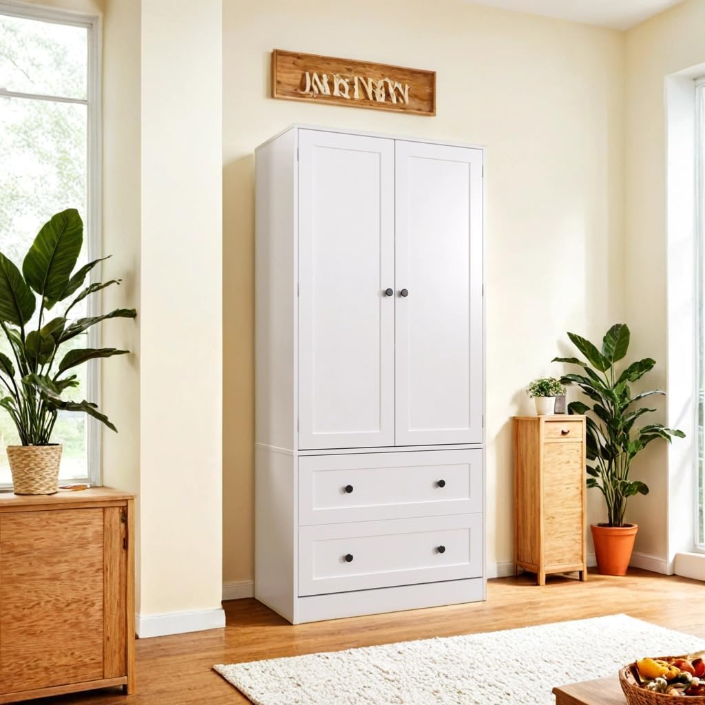 64.2" Tall White Kitchen Pantry, Storage Cabinet with Doors and Drawers, Freestanding Wooden