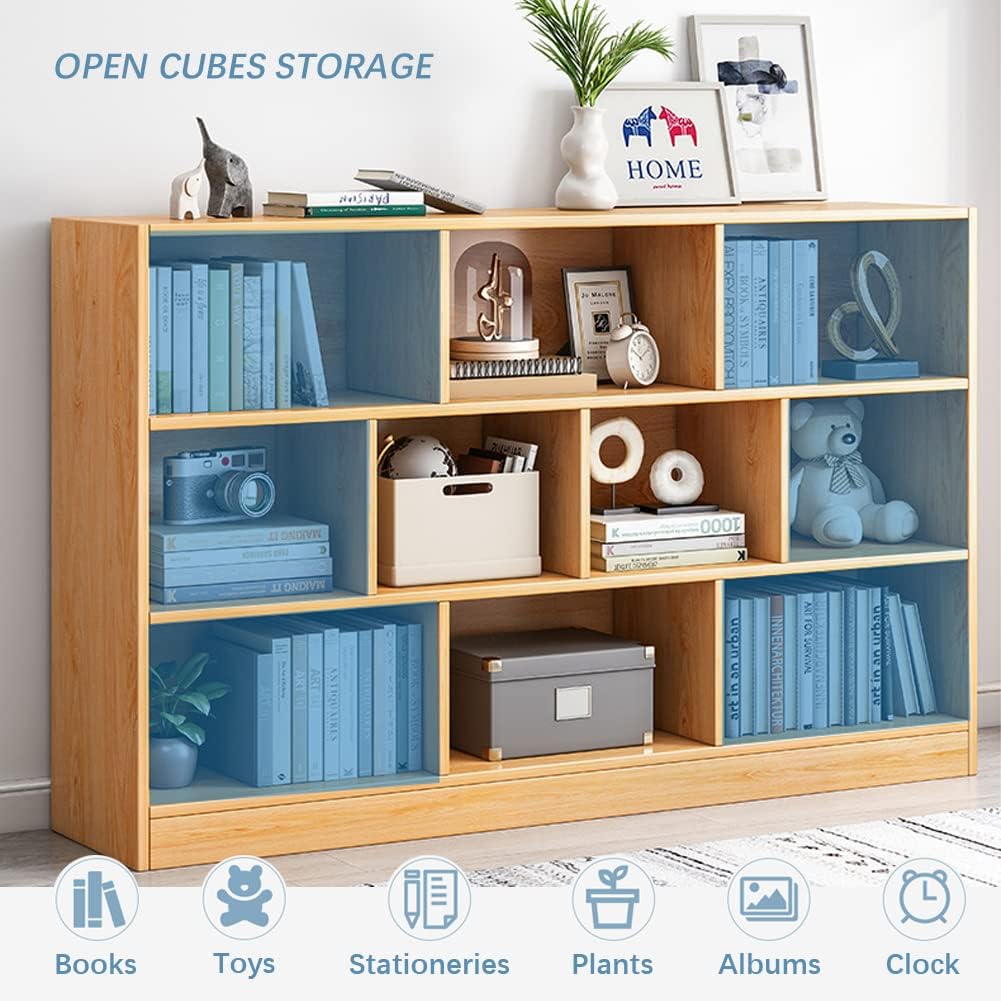 IOTXY Open Shelf Low Bookcase - Wooden 3-Tier Floor Standing Display Cabinet Organizer with Base, 7
