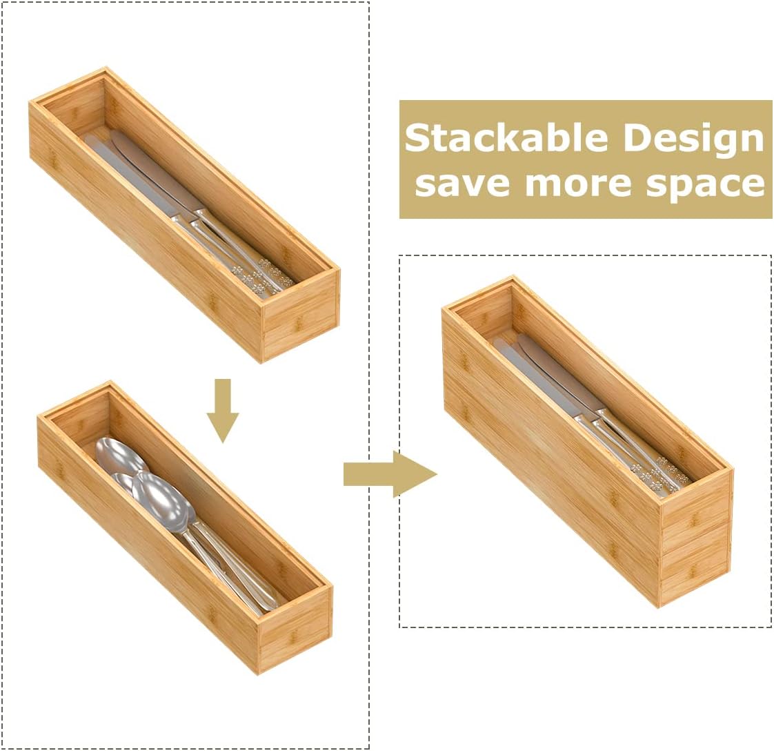 Bamboo Kitchen Drawer Organizer, Stackable Silverware Tray Utensil Organizer Cutlery Holder for