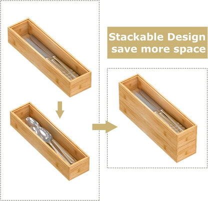 Bamboo Kitchen Drawer Organizer, Stackable Silverware Tray Utensil Organizer Cutlery Holder for