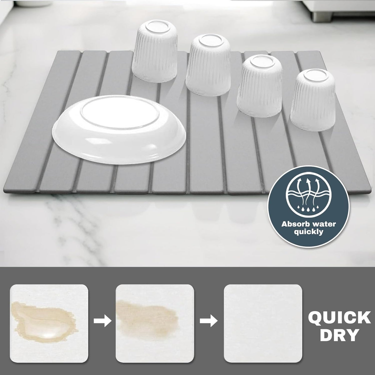 Large Stone Dish Drying Mats for Kitchen Counter, Quick Dry Absorbent Collapsible Dish Drying