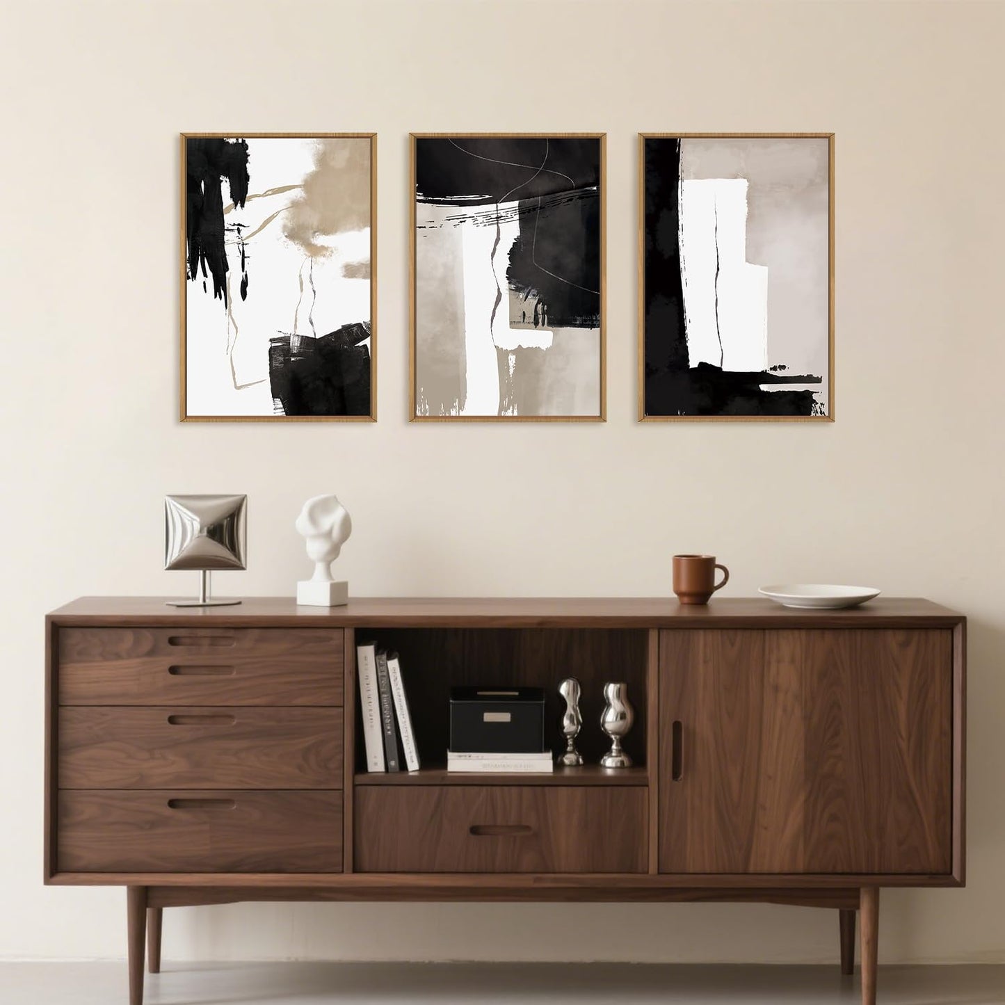 Black White Brown Framed Canvas Wall Art Set, Neutral Geometric Wall Decor, Modern Abstract Wall