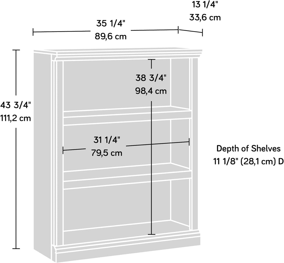 Sauder 3 Tier Book Shelf Wooden Bookcase Multipurpose Bookshelf for Home Office, Living Room, in