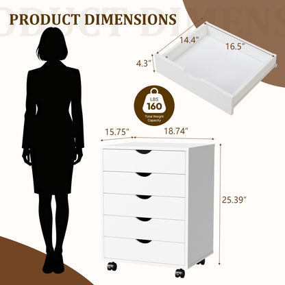 5 Drawer Rolling Storage Cabinet, Mobile File Cabinet for Office, White