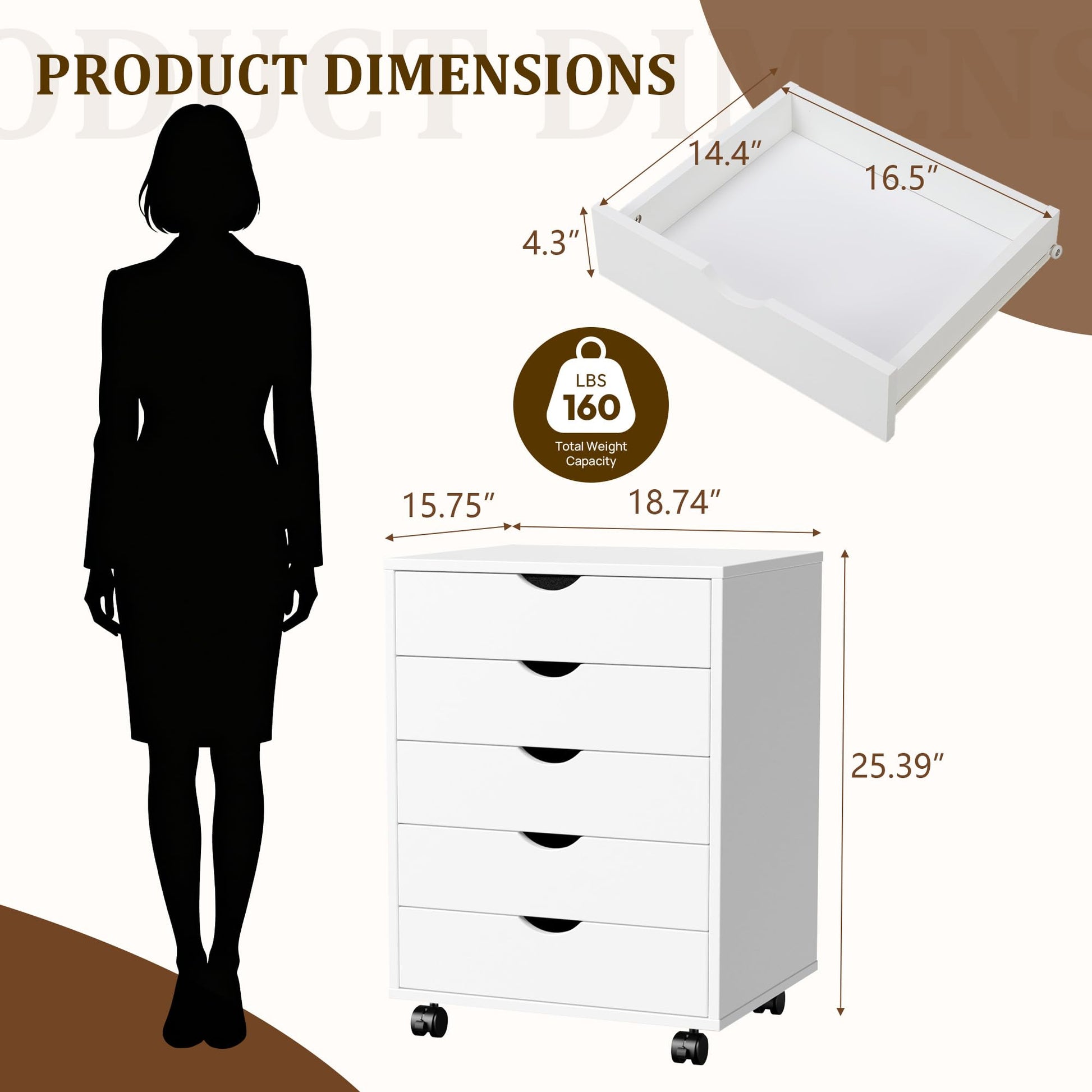 5 Drawer Storage Cabinet with Drawers, Rolling Printer Stand for Office