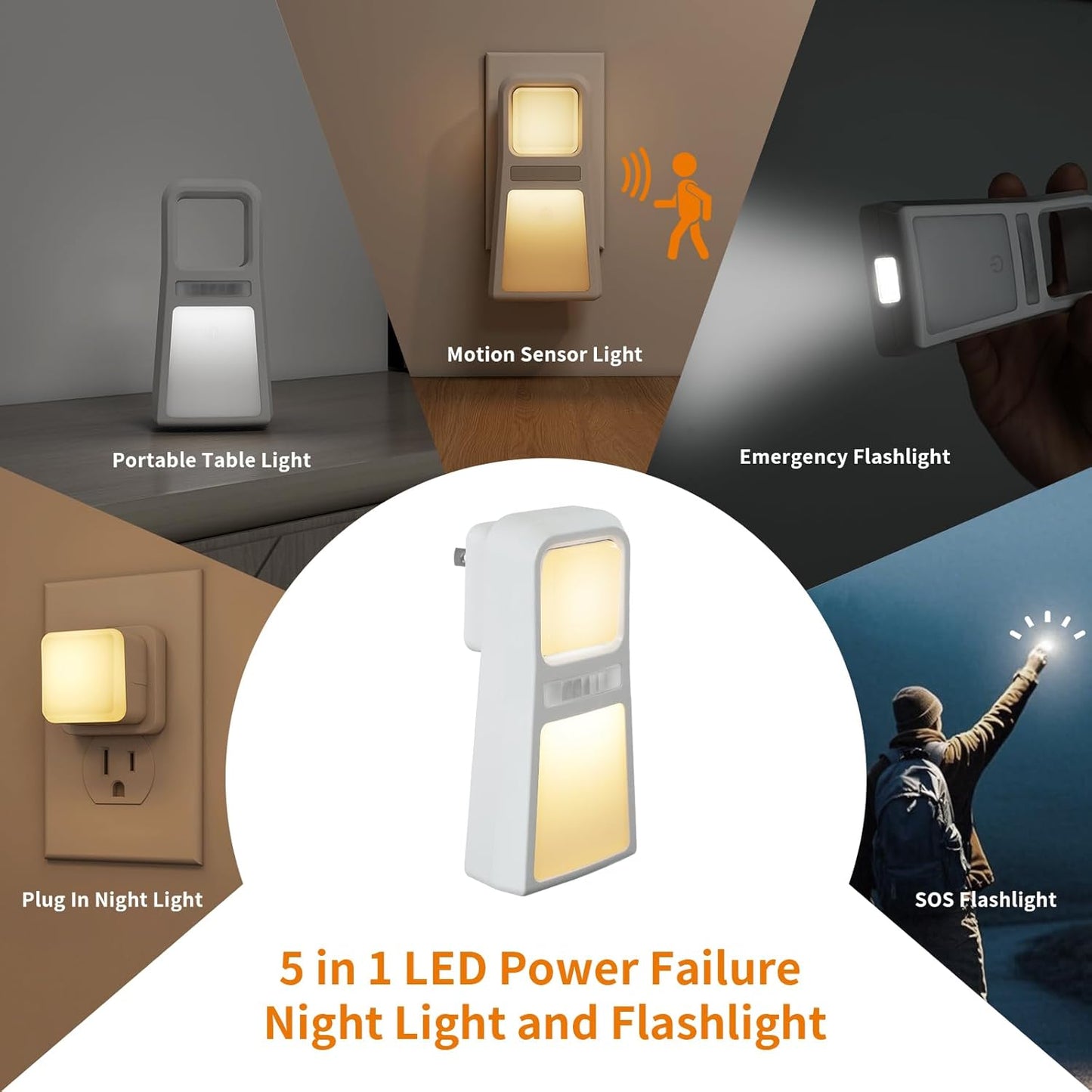 Dawnrise 2 Pack 5-in-1 Power Failure Night Light, Multifunctional Rechargeable Motion Sensor Night