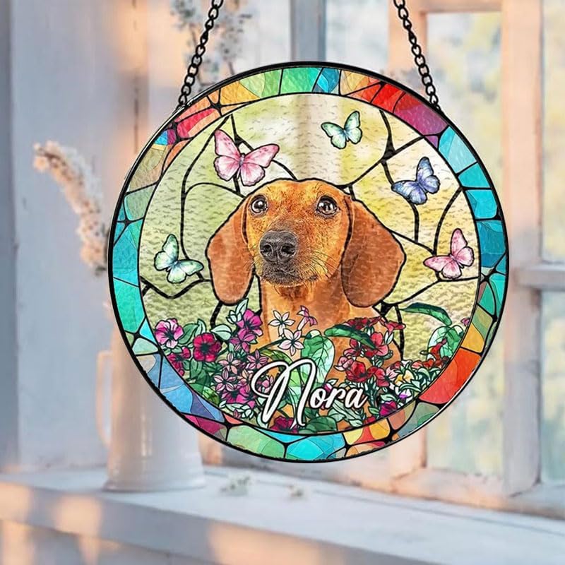 Personalized Stained Glass Window Hanging with Pet Name, Custom Memorial Gift for Dog Lovers