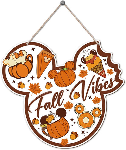 Fall Vibes Door Hanger, Fall Mouse Welcome Door Sign, Wooden Maple Leaves Mushroom Hanging Decor