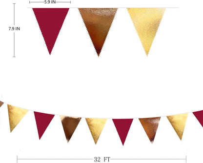 Fall Party Decorations Maroon Gold Brown Metallic Fabric Triangle Pennant Banner Burgundy Flag