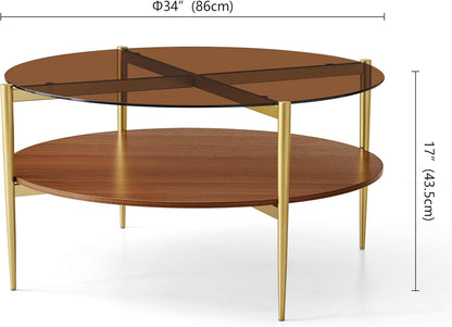 Extra Large Round Coffee Table, Mid-Century Modern Design, D34 x H17 in, for Living Room, 2-Tier