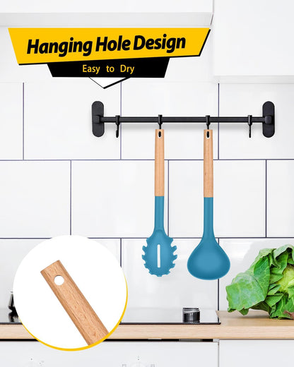 Silicone Pasta Fork and Ladle Spoon Set with Wooden Handle, Heat Resistant Non Stick Kitchen