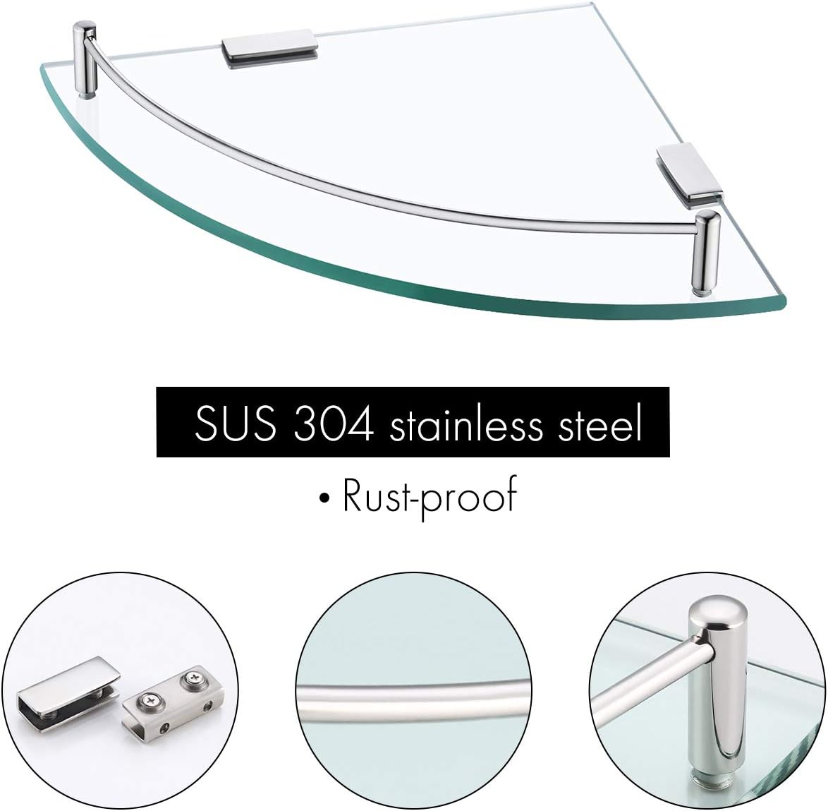 KES Glass Corner Shelf Bathroom Shelf Tempered Glass with Rail SUS 304 Stainless Steel Floating