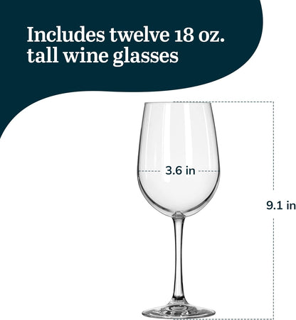 Libbey 7504 Vina Tall Wine Glasses Set, All Purpose Red and White Wine Glasses Set of 12