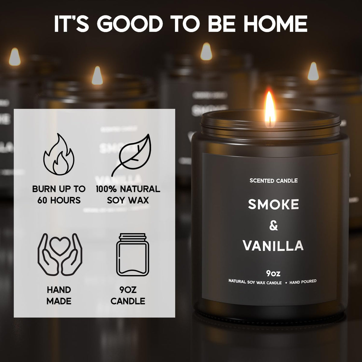 Smoke ＆ Vanilla Candle, 9oz Scented Candle for Men, Scented Candles for Home, Gifts for Men