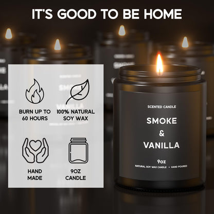 Smoke ＆ Vanilla Candle, 9oz Scented Candle for Men, Scented Candles for Home, Gifts for Men