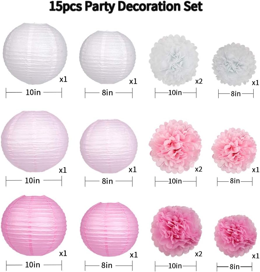 15Pcs Party Pack Paper Lanterns and Pom Pom Balls Hanging Decoration for Wedding Birthday Baby