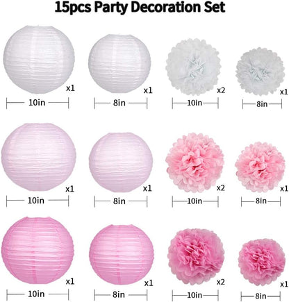 15Pcs Party Pack Paper Lanterns and Pom Pom Balls Hanging Decoration for Wedding Birthday Baby