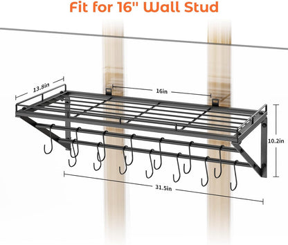 OROPY 31 Inch Wall Mounted Pot Rack Storage Shelf with 2 Tier Hanging Rails 14 S Hooks included