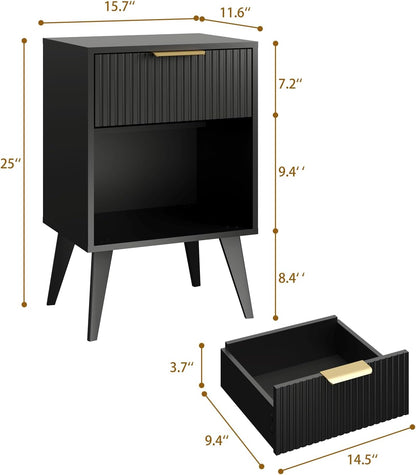 Fluted Night Stand with Opening Storage,Mid Century Bedside Table with Drawer,Modern Nightstand
