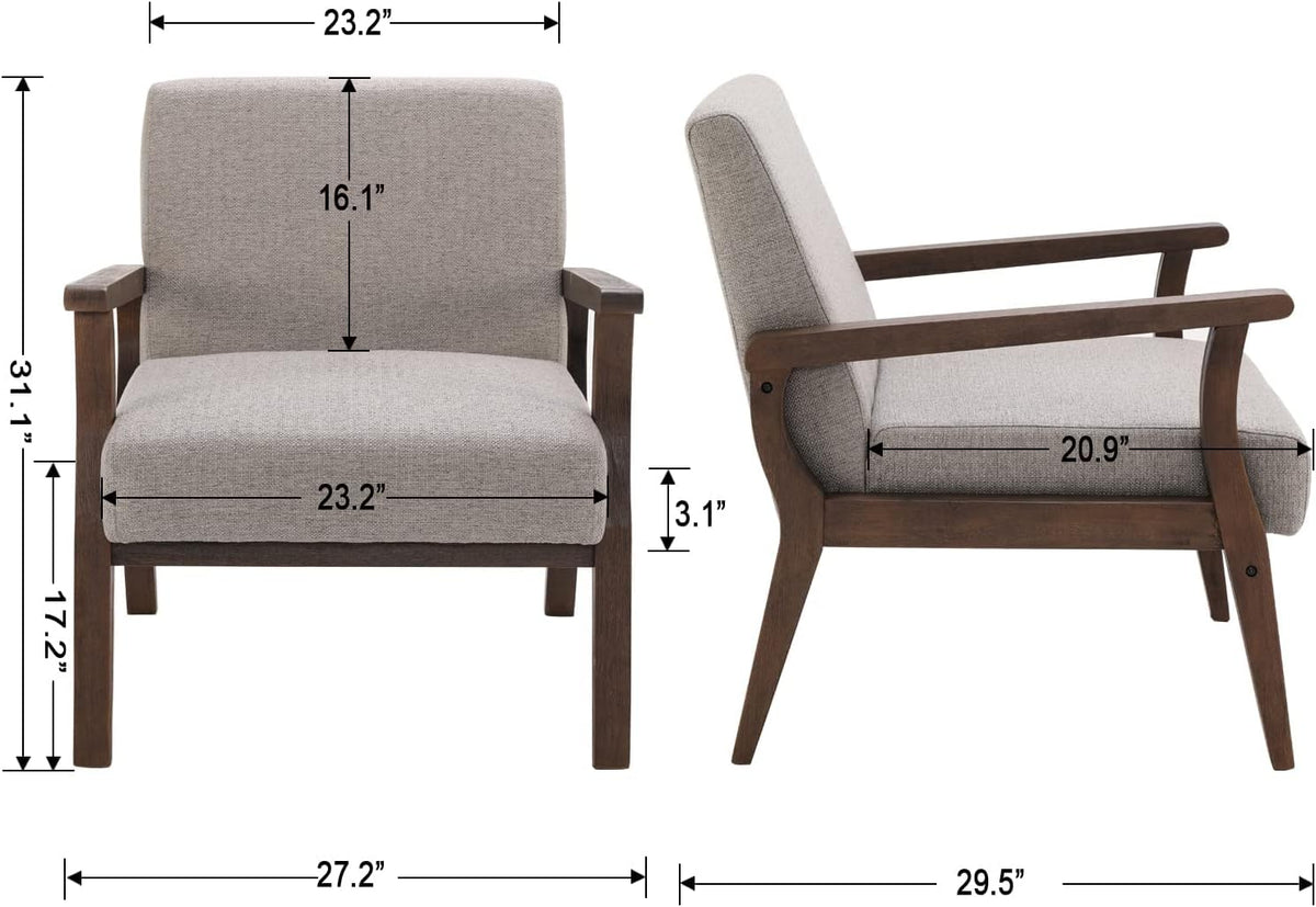 HNY Mid Century Modern Accent Chairs Set of 2 with Wood Frames, Linen Upholstered Living Room Arm