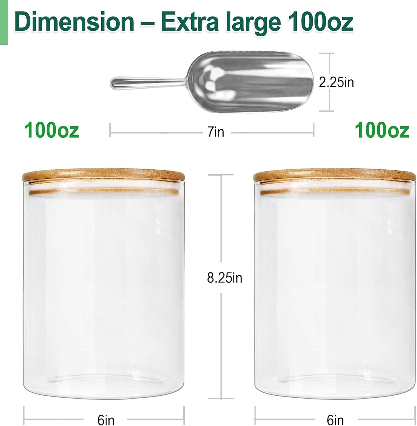 Urban Green Glass Jar with Bamboo Lids (2 sets 100oz) with Metal Scoop, Food Storage Containers