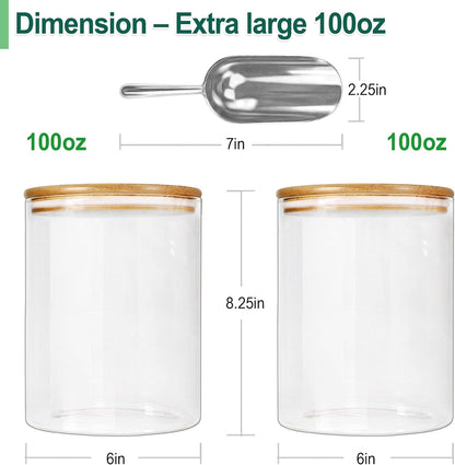Urban Green Glass Jar with Bamboo Lids (2 sets 100oz) with Metal Scoop, Food Storage Containers