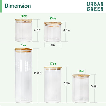 Urban Green Glass Storage Container Bamboo Lids, Glass Airtight Canisters sets, Food Jars, Pantry