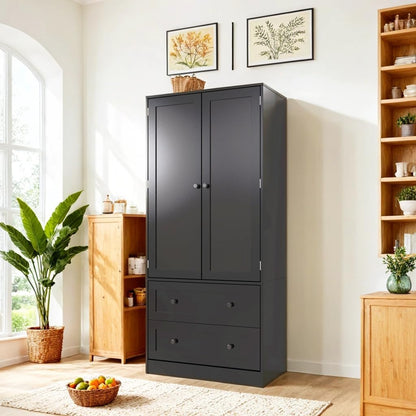 64.2" Tall Black Kitchen Pantry, Storage Cabinet with Doors and Drawers, Freestanding Wooden